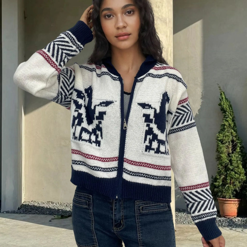 White women's zip-front cardigan with jacquard lapel and contrasting stripe pattern