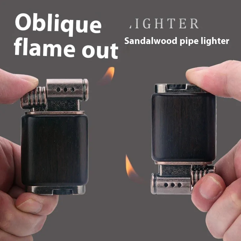 Ebony gas lighter in black wood and rosewood decorative designs