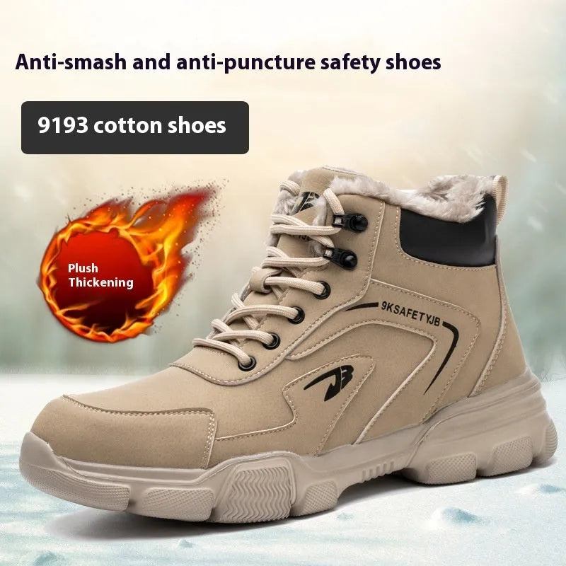 Brown leather steel toe cap safety work boots with a rubber sole on a work site background.