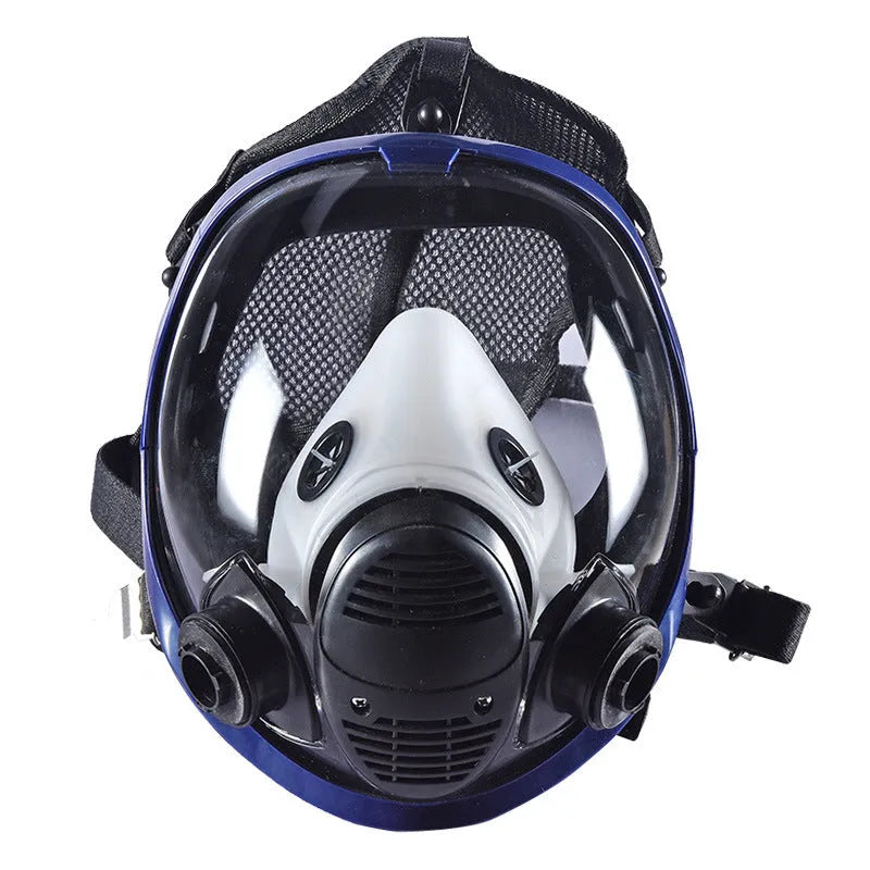Blue edge spherical full mask with trapezoidal canister showing KN95 and activated carbon protection