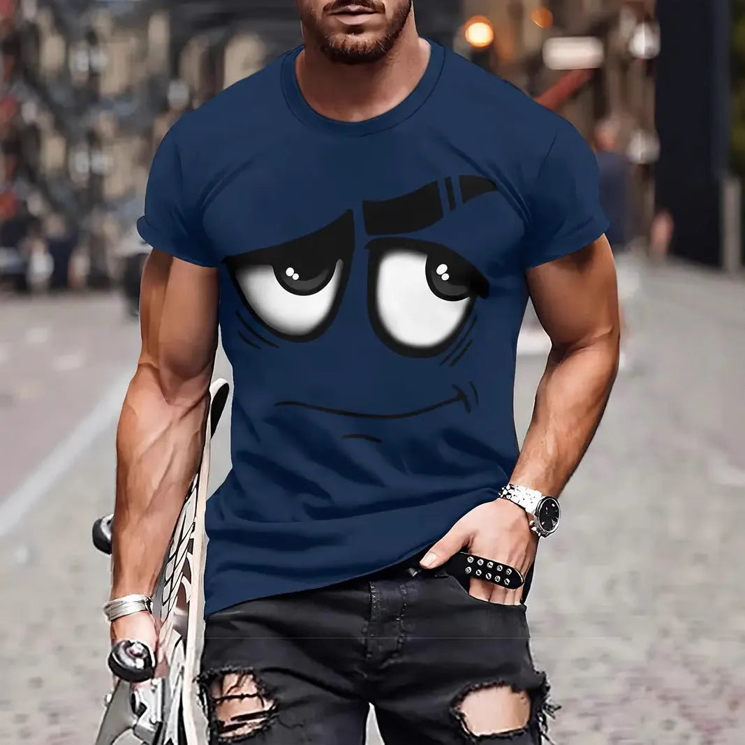 Casual loose anime digital printing short sleeve t-shirt pullover in dark blue front view