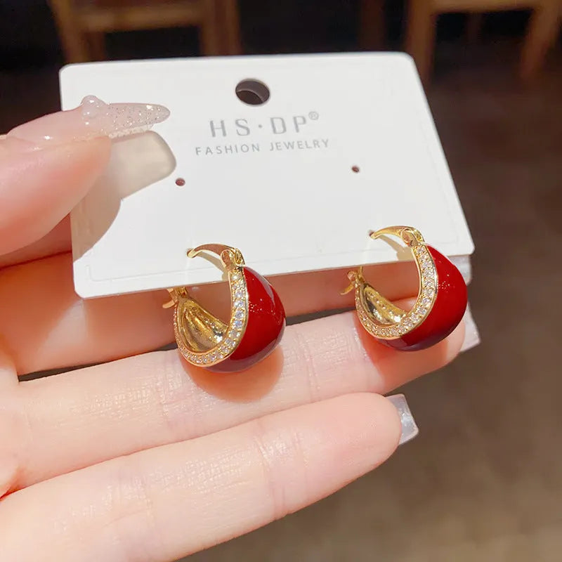 Copper micro-inlaid drip ear buckle earrings with thick real gold plating, retro geometric style