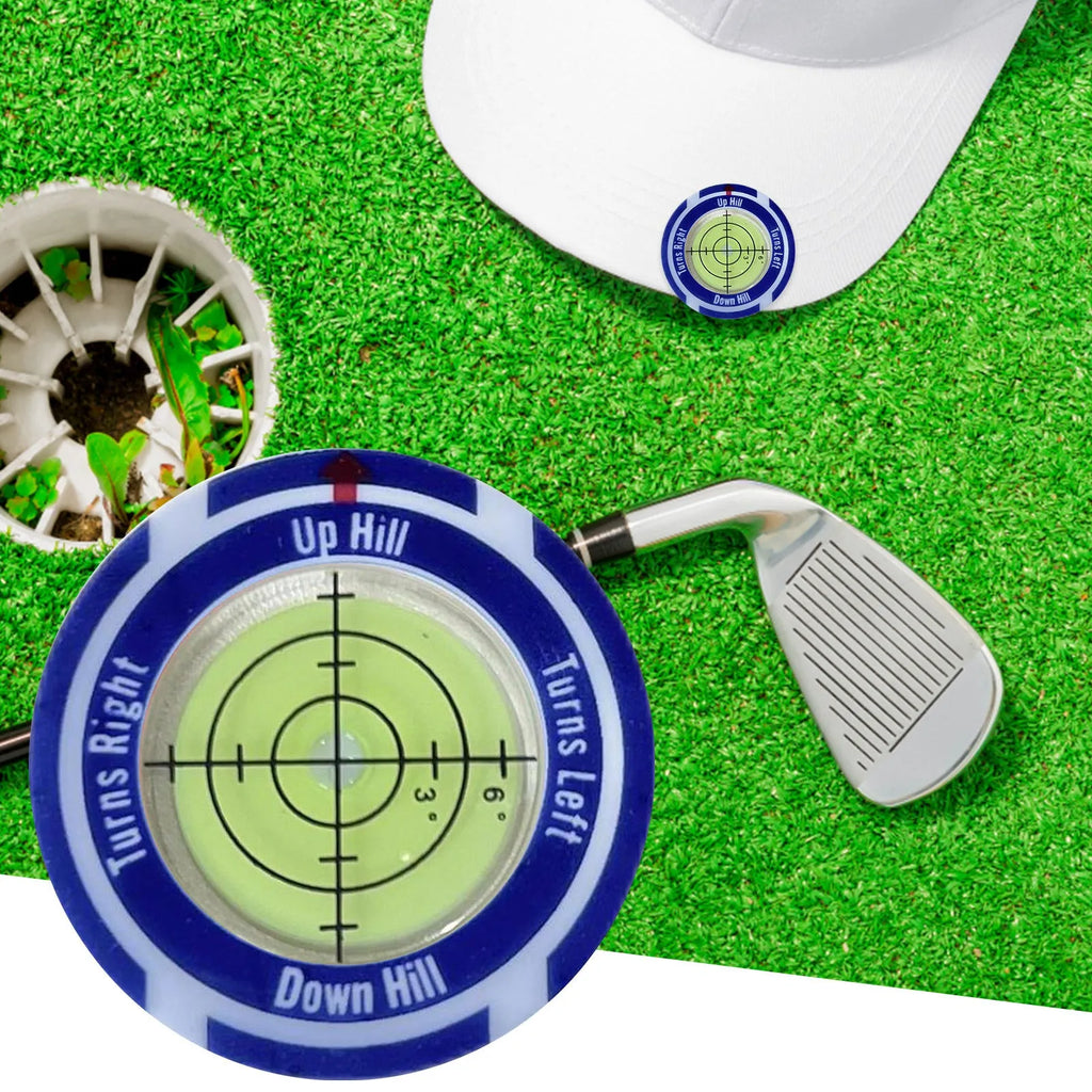 Golf level hat clip with bubble vial and position mark, shown in multiple colour variations.