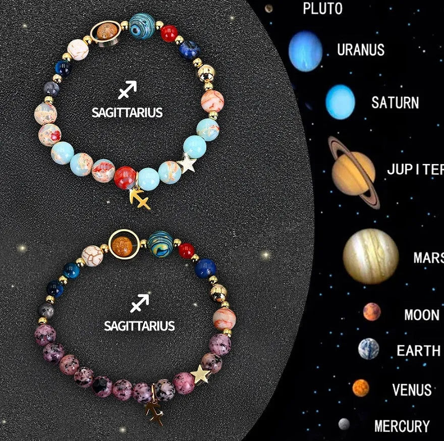 Set of two natural stone beaded bracelets showing zodiac sign designs on elasticated cords
