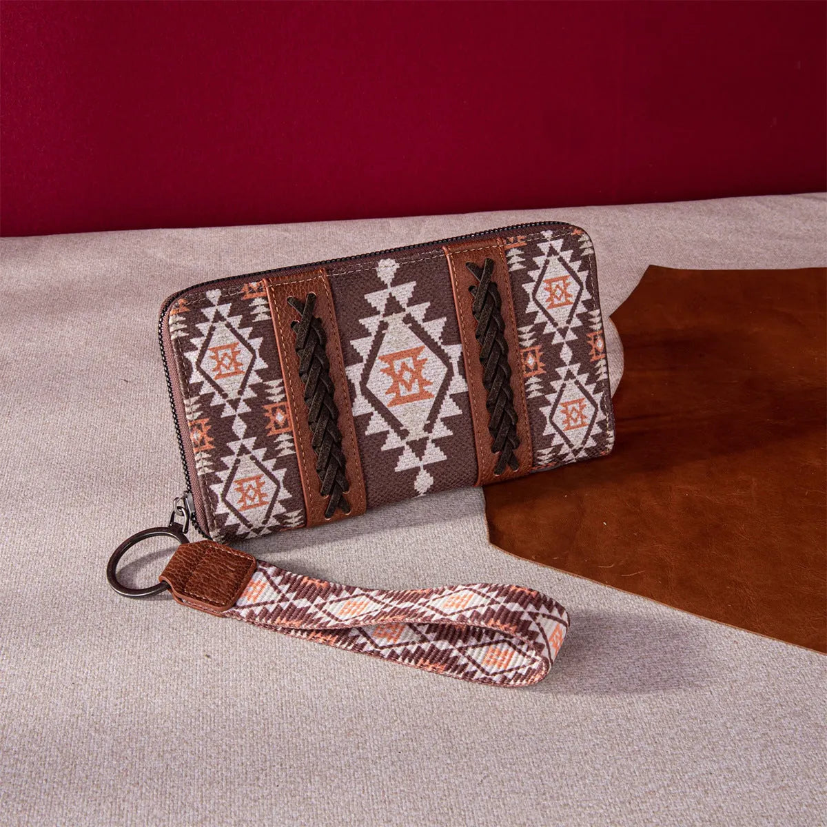 Vintage cotton and linen printed bohemian hand-carrying wallet card holder with contrast colour stitching