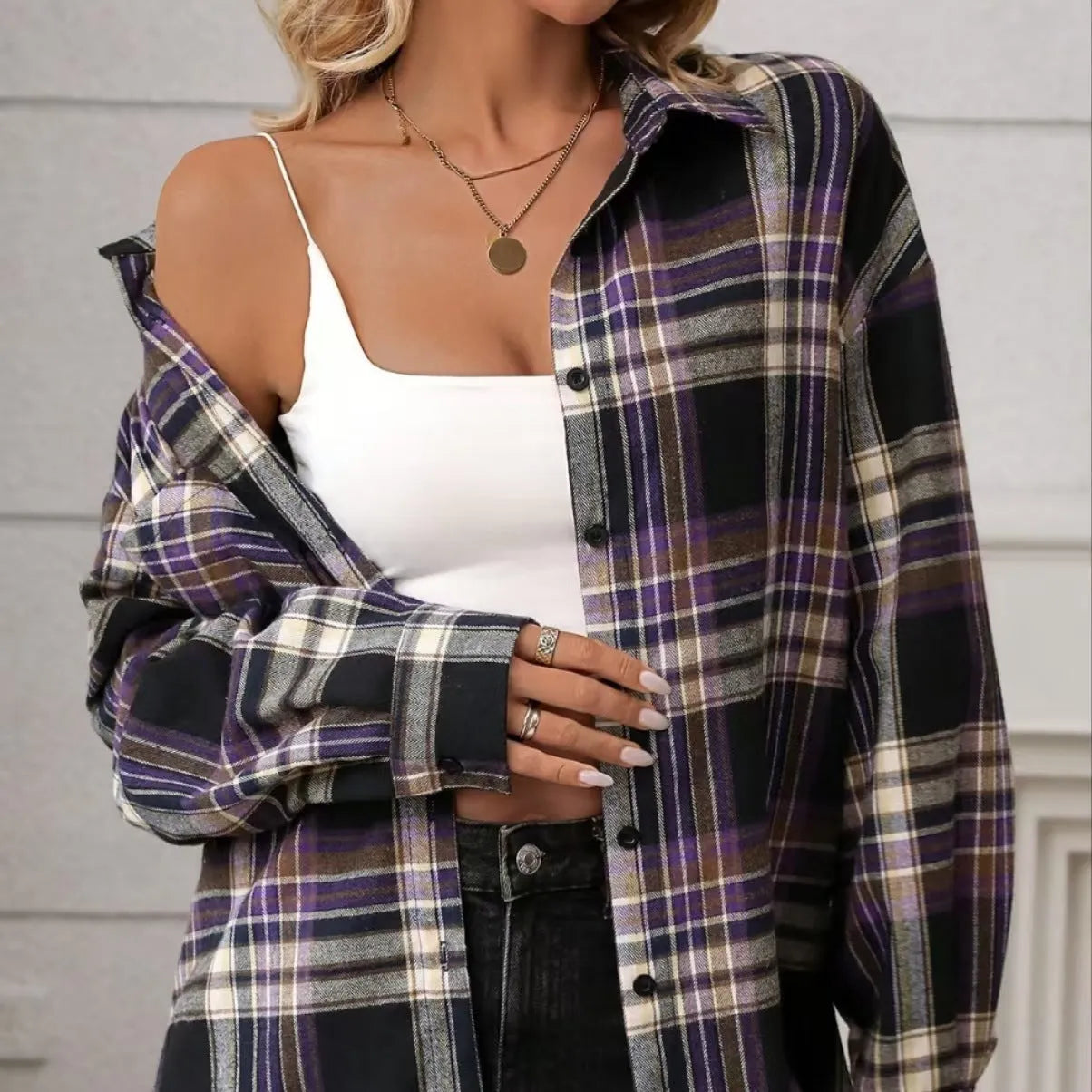 Women's casual cotton loose retro plaid shirt with long sleeves in black, green or purple