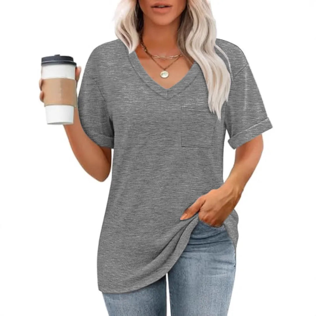 Grey loose V-neck pocket T-shirt with short sleeves on hanger