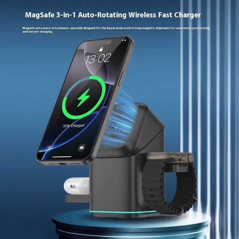 Black and silver mobile phone magnetic wireless charging stand showing 180-degree rotation capability