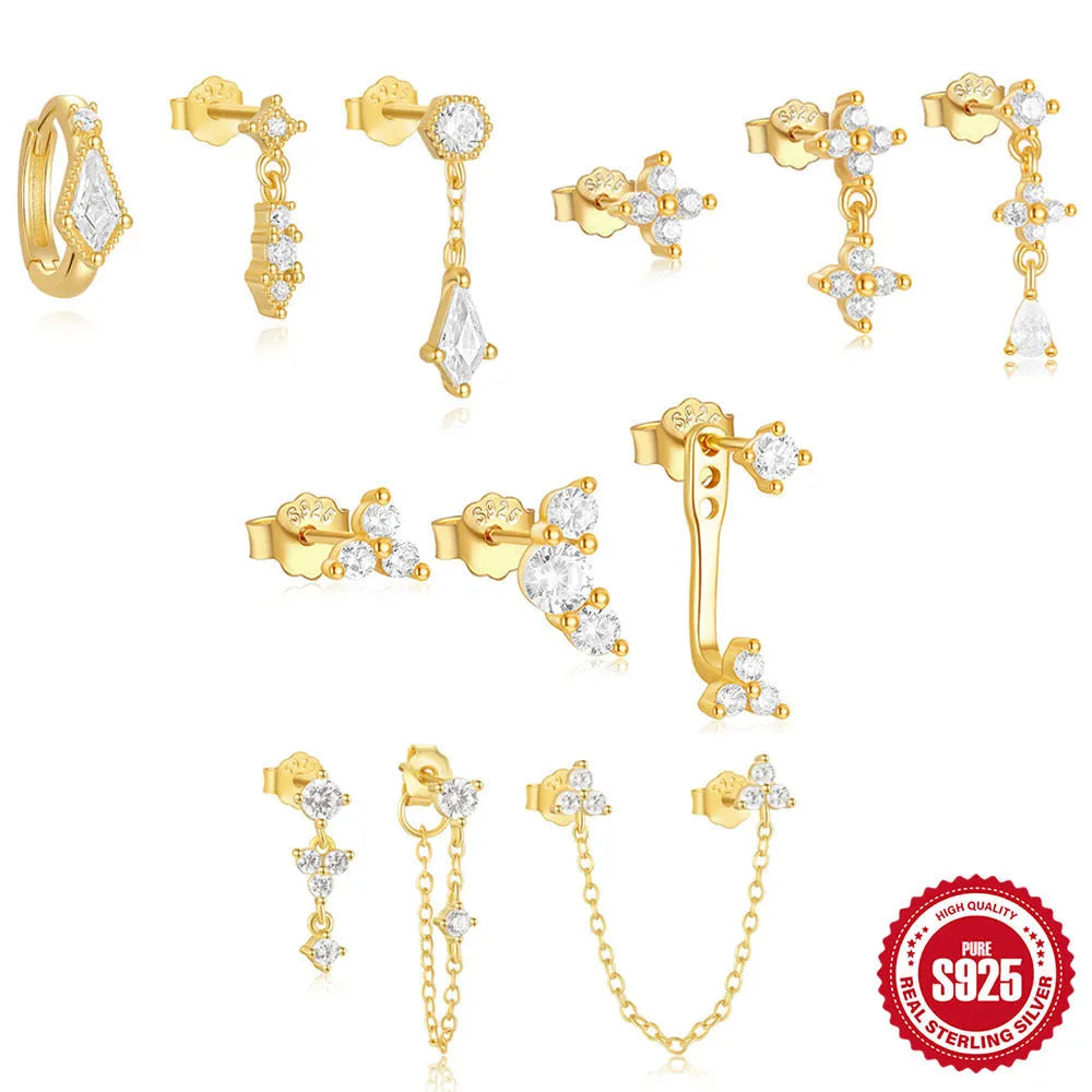 S925 sterling silver geometric zircon tassel earring set with three pairs showing different gold-plated colour variants