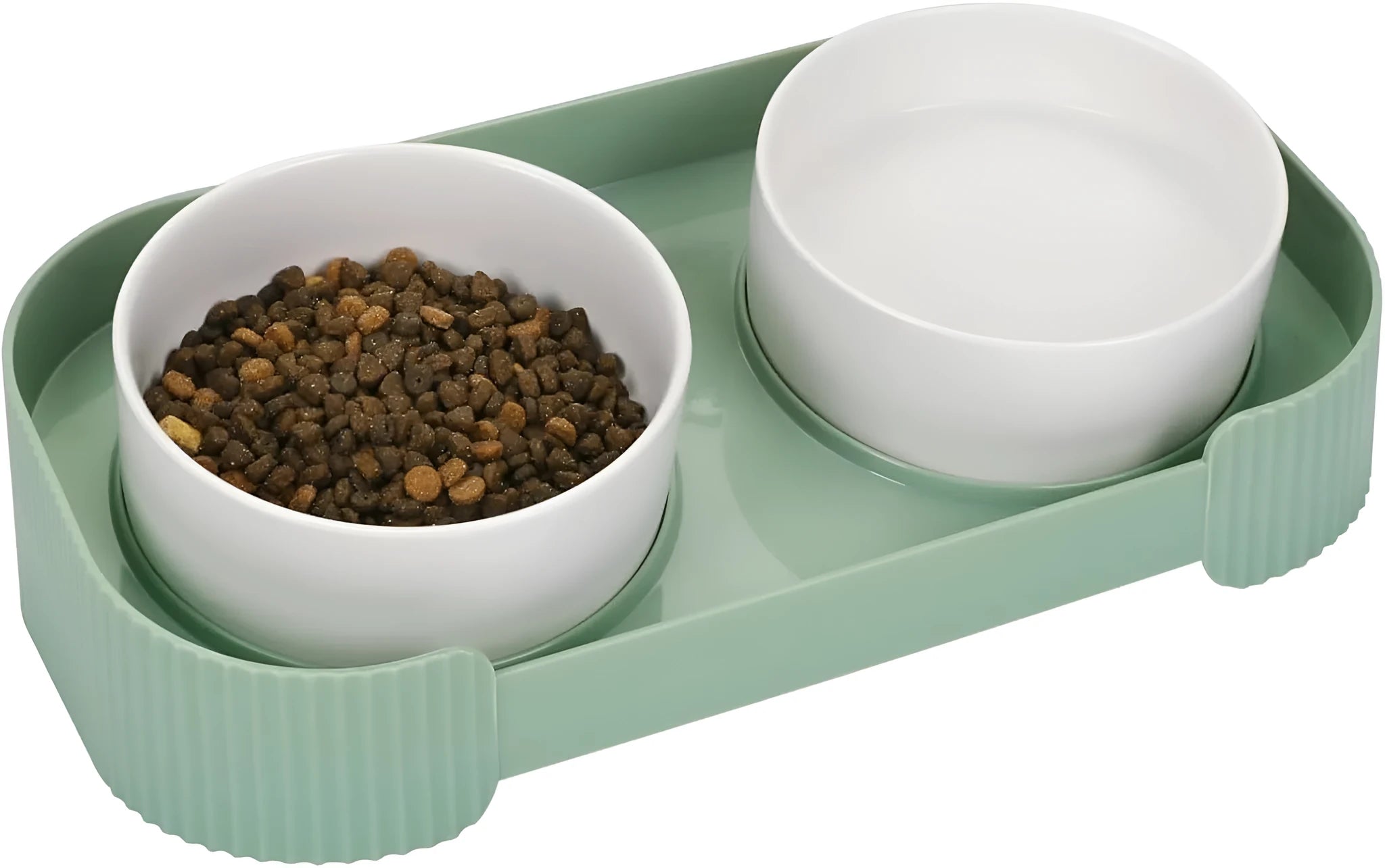 Green ceramic raised cat bowls on a tilted stand for anti-vomiting feeding