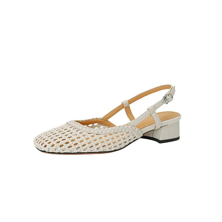 Women's woven hollow-out closed toe sandals with chunky 4cm heel and belt buckle closure