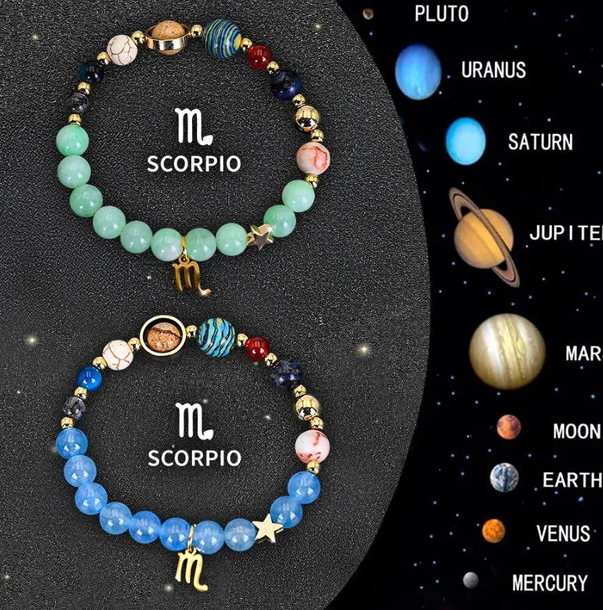 Natural stone beaded zodiac bracelets showing twelve animal signs on elastic cord