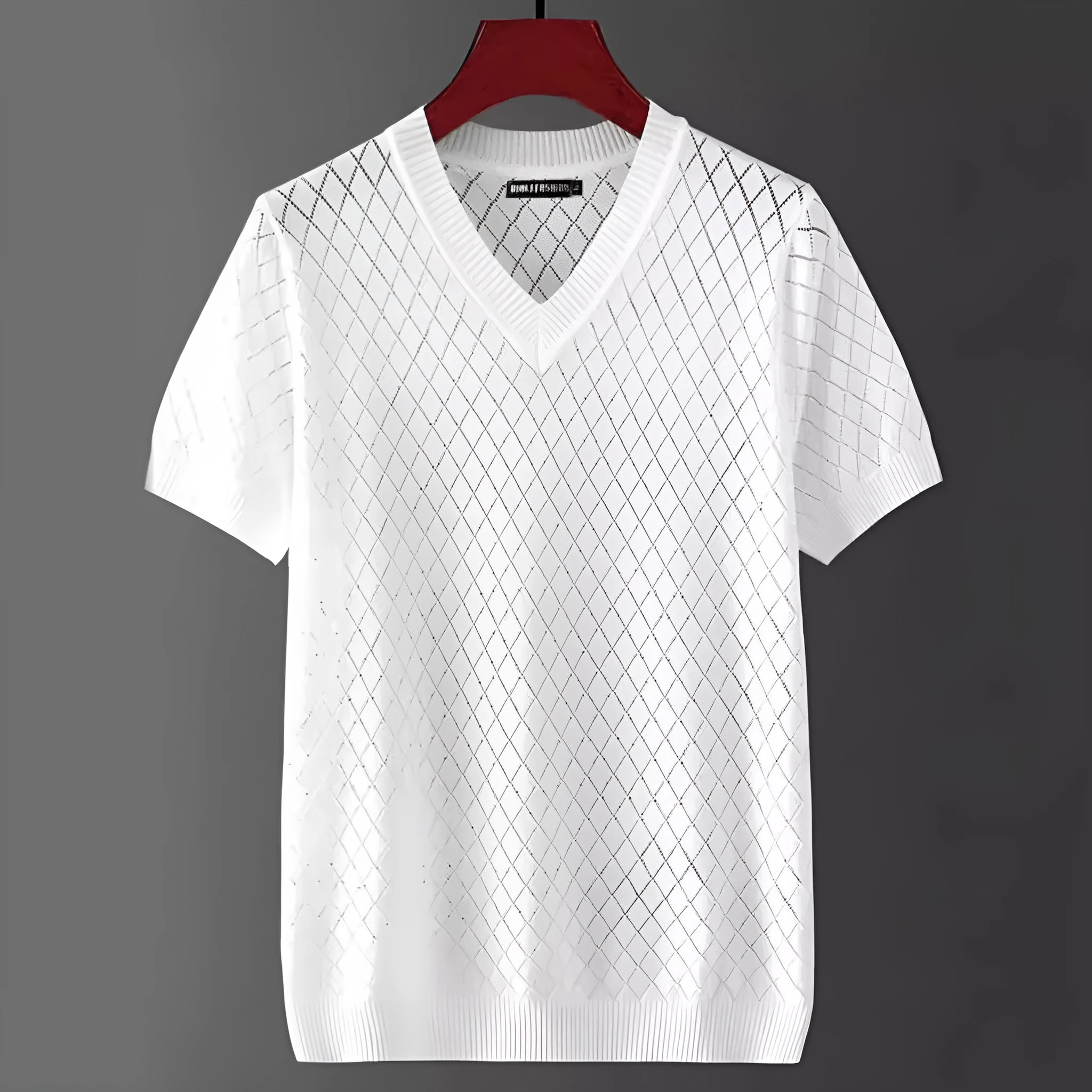 Men's ice silk cut-out T-shirt in black with V-neck design and short sleeves