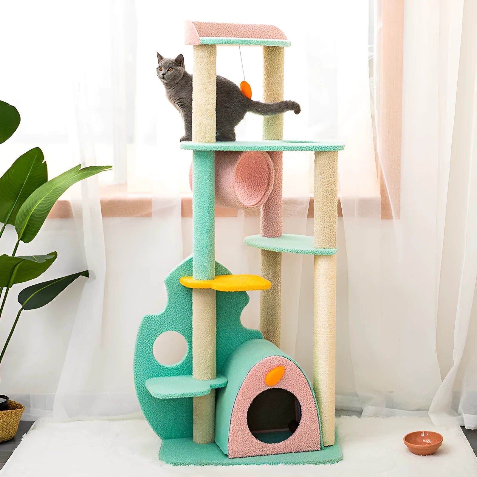 Cat climbing frame with velvet fabric and sisal column in rainforest colour, large size