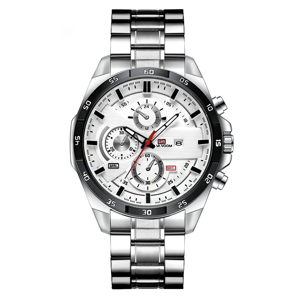 Men's waterproof quartz watch with calendar display and decorative metal casing