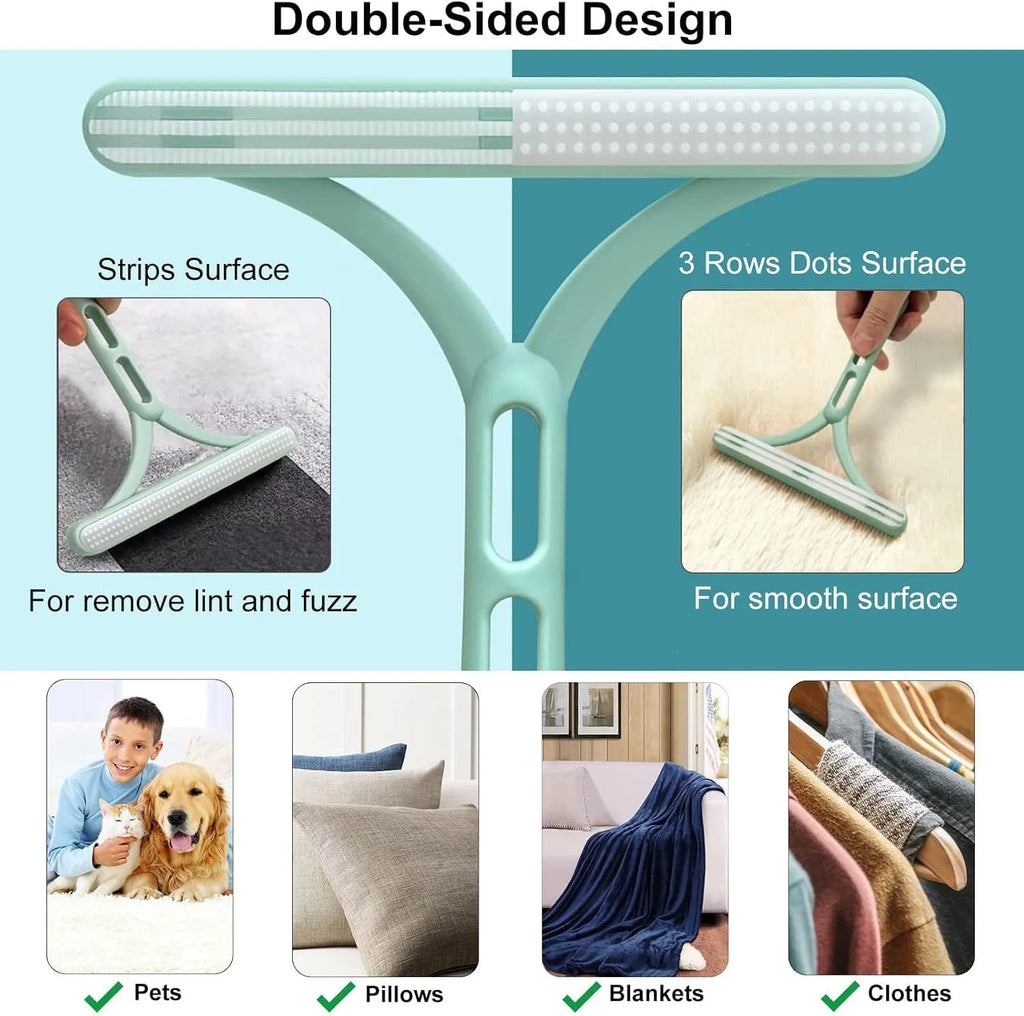 Three-piece pet hair remover set with beech wood handle, silicone brushes, and round plastic cleaner.
