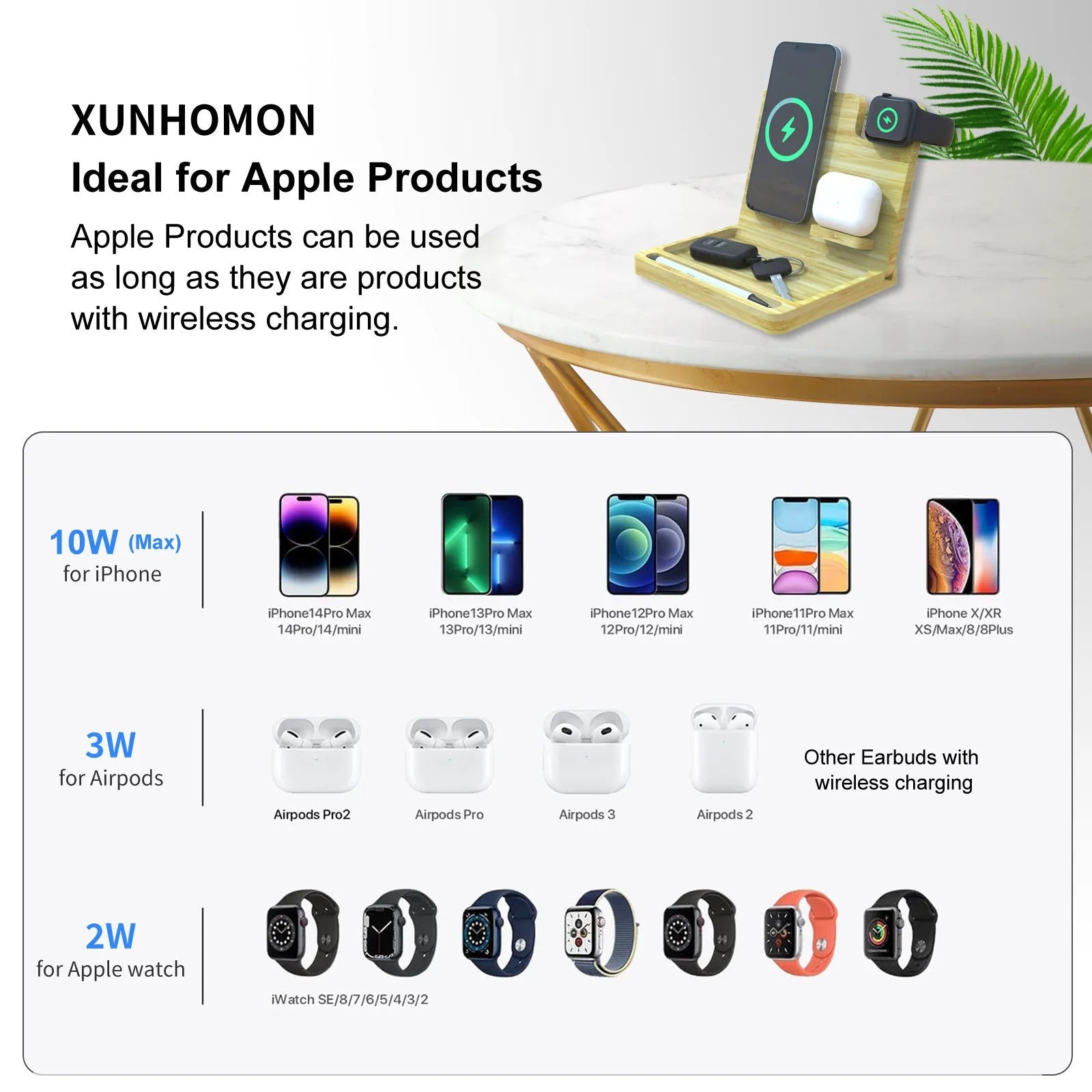 Bamboo 3-in-1 magnetic wireless charger storage bracket with phone, AirPods and Apple Watch on a desk with keys and coins in tray
