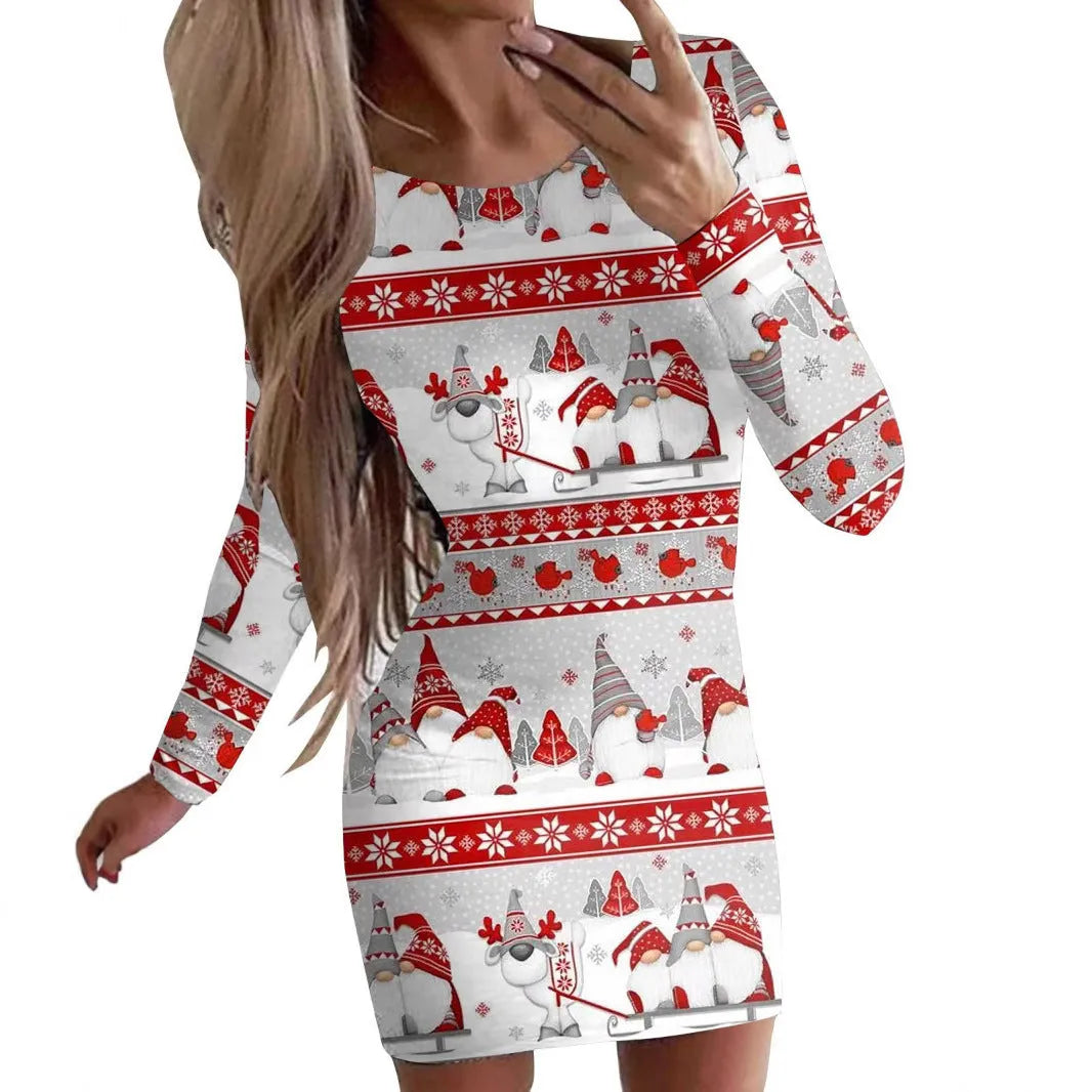 Animal pattern round neck dress with long sleeves and hip skirt styling in floral colour