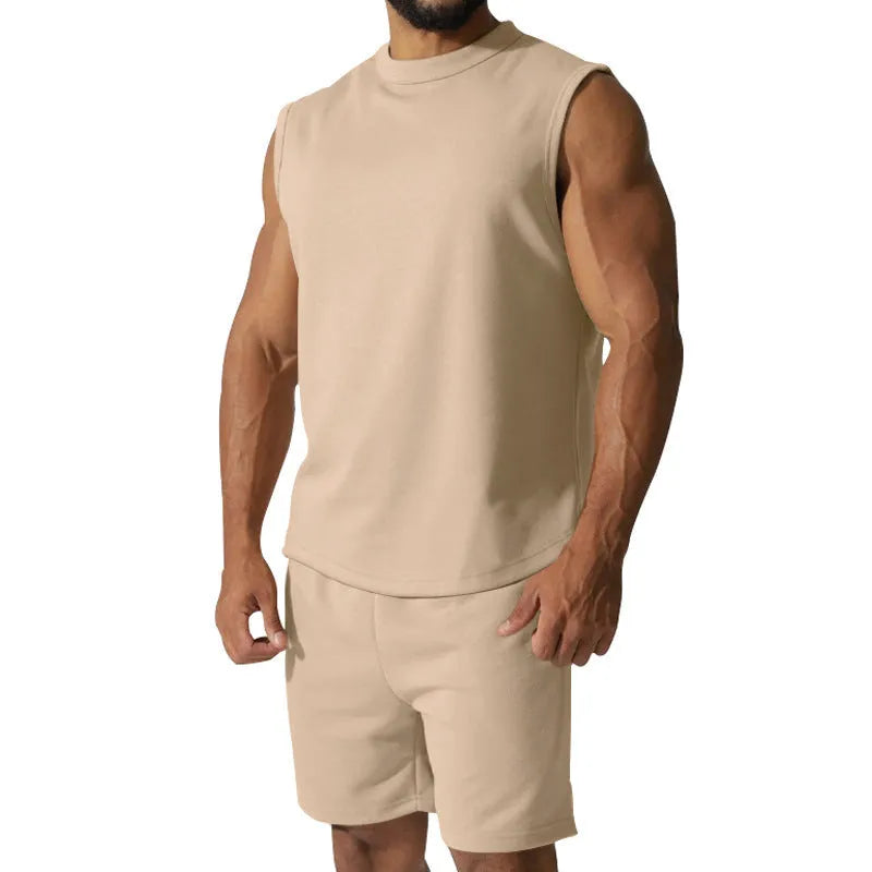 Men's sleeveless cotton blend sports top and matching shorts casual set in army green.
