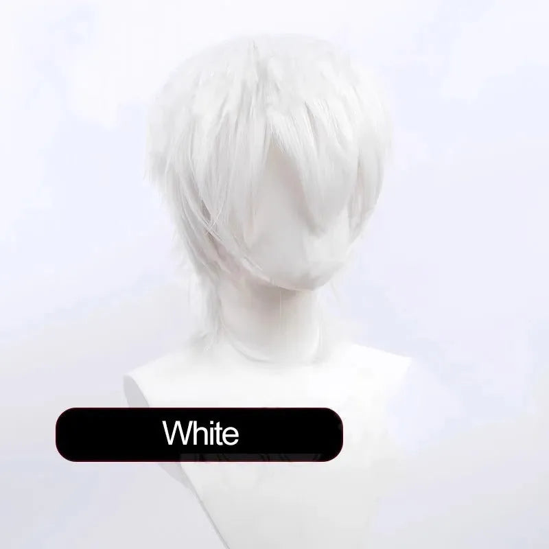 A short hairstyle Anime cosplay wig for men on a stand, shown in a vibrant colour.