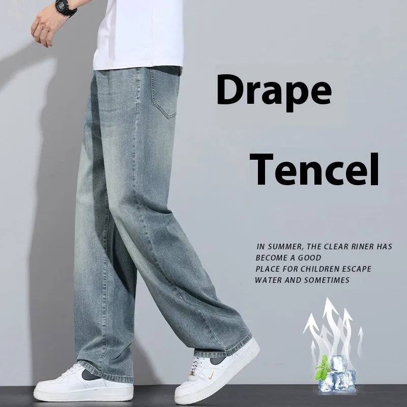Straight-leg denim casual trousers in thin fabric on a hanger.
