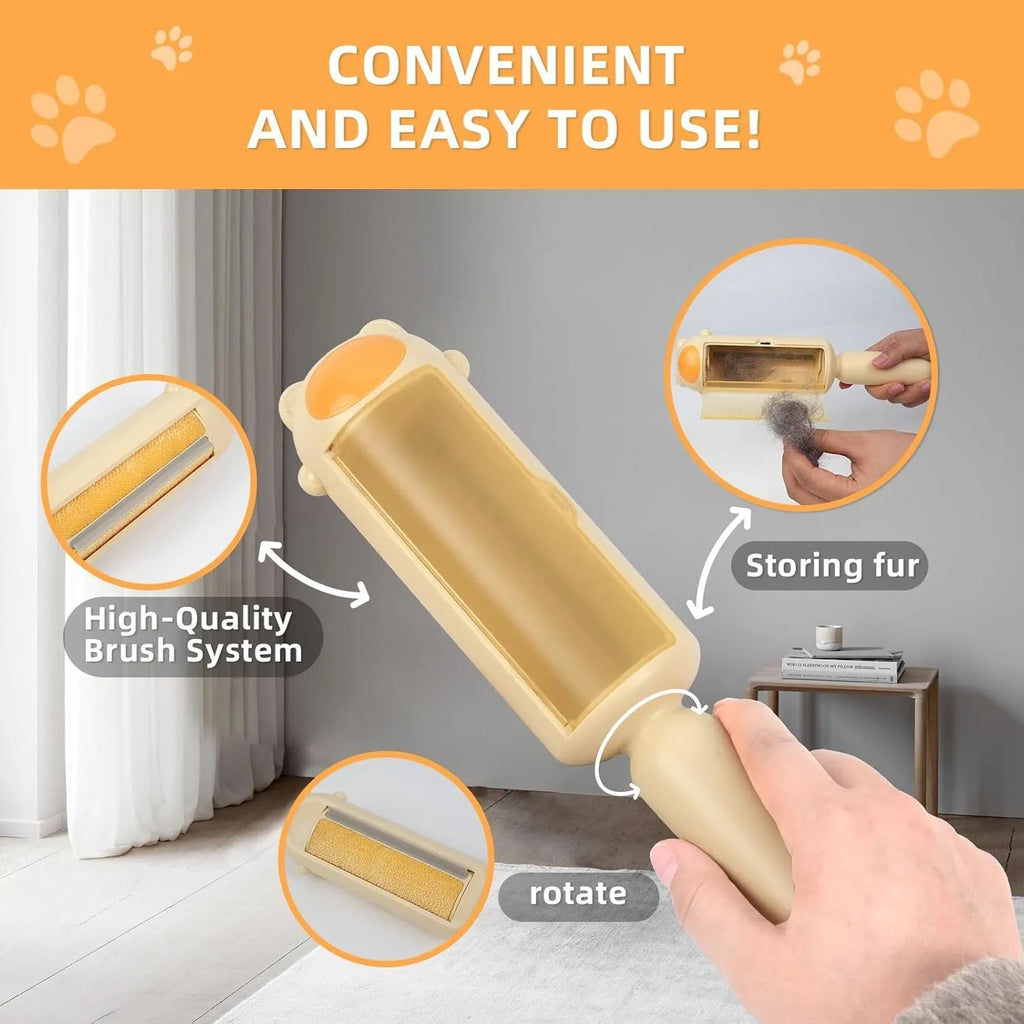 Blue reusable pet hair remover roller with self-cleaning base on a grey sofa.