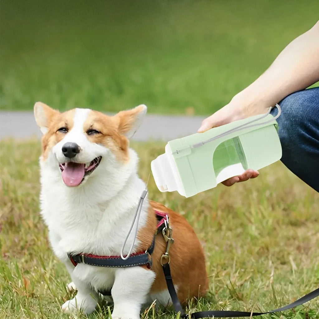 Grey 2-in-1 travel dog water bottle and feeder with lanyard, showing water and food compartments