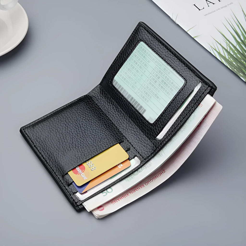 Men's vertical short wallet in PU leather, black finish, with multiple card and ID slots, 12.5 cm height
