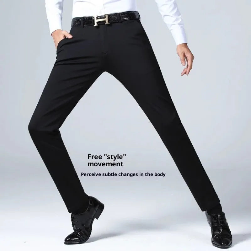 Men's black slim straight formal trousers made from polyester with micro-elastic waist, available in multiple colours and sizes 29-42