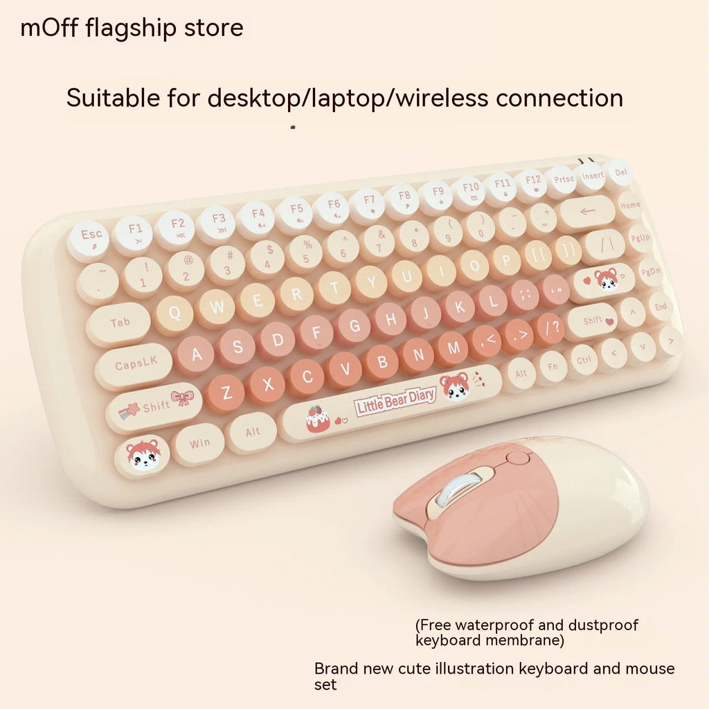 Pink mini cartoon-style wireless keyboard and mouse set on a desk with receiver.
