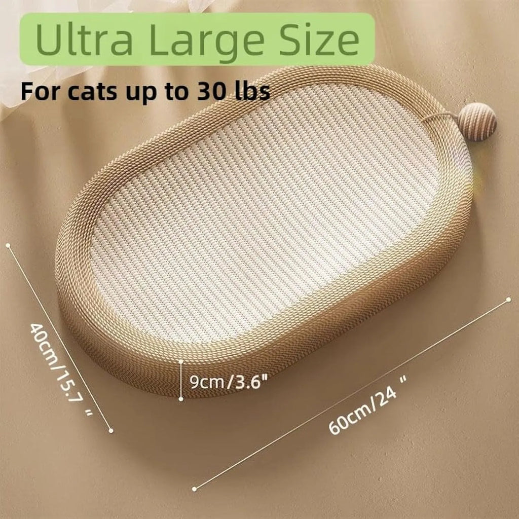 Large rectangular sisal cat scratching board with a grey fabric lounge bed on top