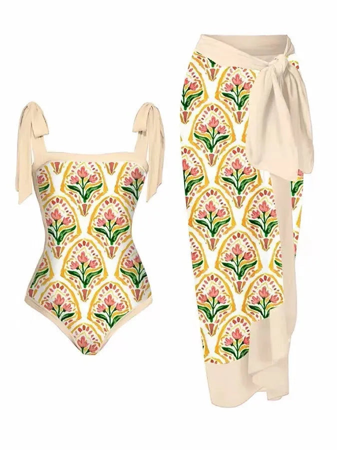 Women's floral print chiffon swimsuit with matching skirt for swimming