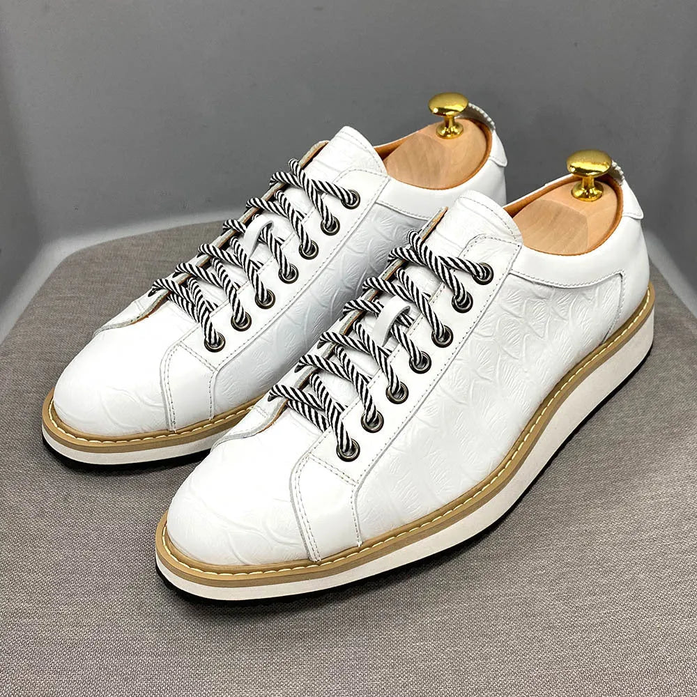 Men's pattern embossed handmade shoes in low tube height with front tie design in four colour options
