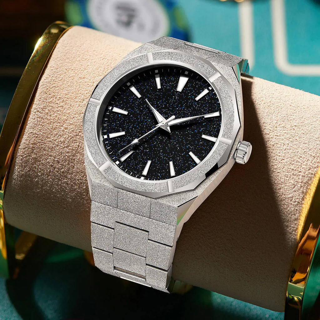 Men's business watch with frosted stainless steel case and luminous hands in silver, gold and black options