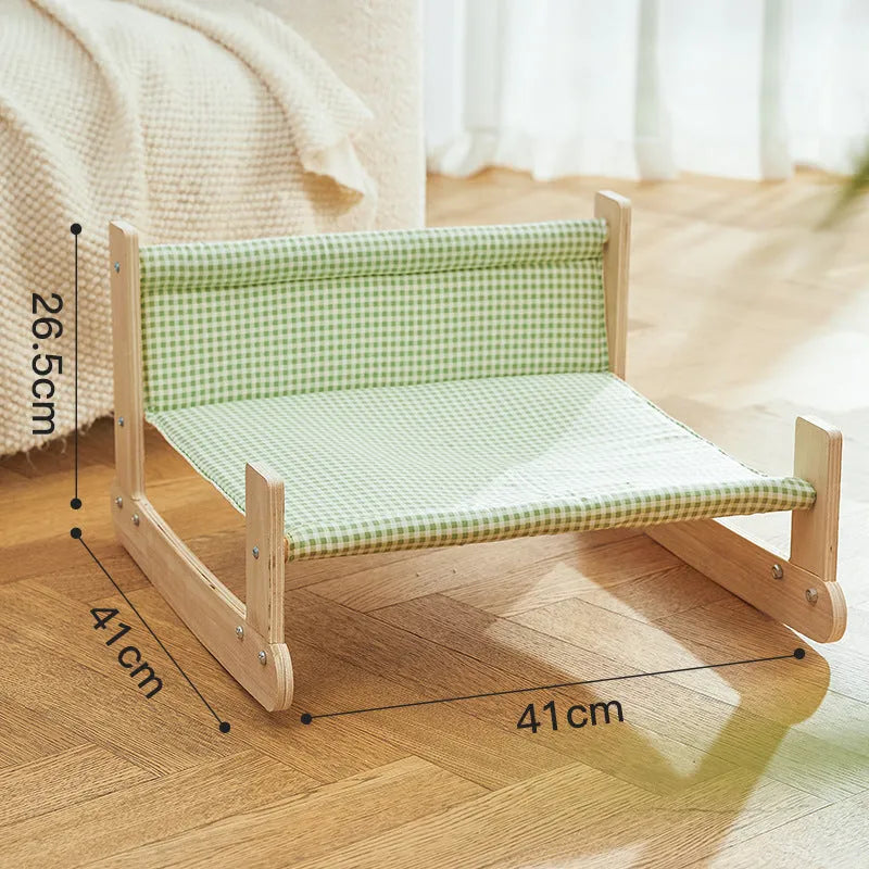 Wooden frame cat hammock bed with blue cloth elevated cat sleeping spot