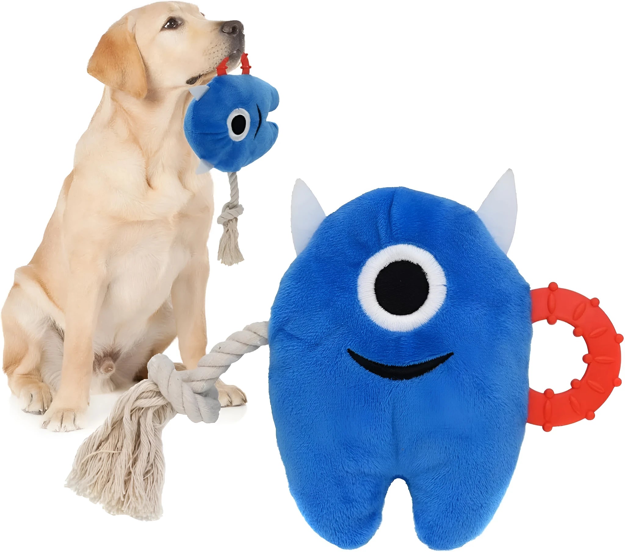 Blue and green monster-themed plush dog toy with cotton rope elements and squeaker