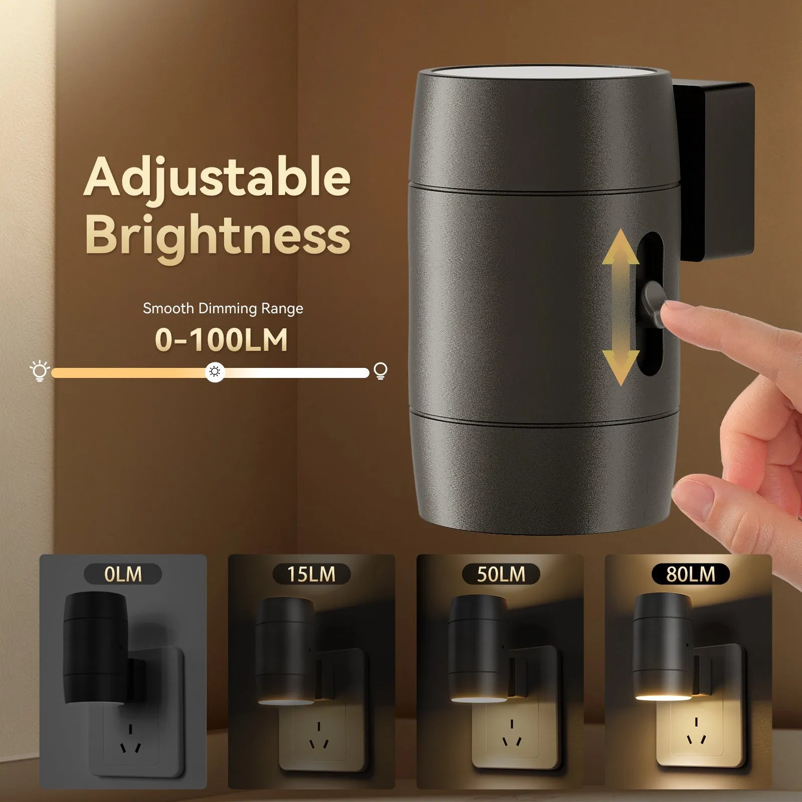 White plug-in adjustable night lamp with a rotatable light head, shown next to a power socket.