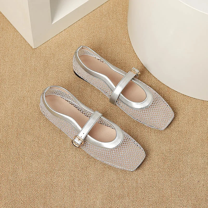 Women's mesh breathable summer shoes with buckle fastening and flat low heel