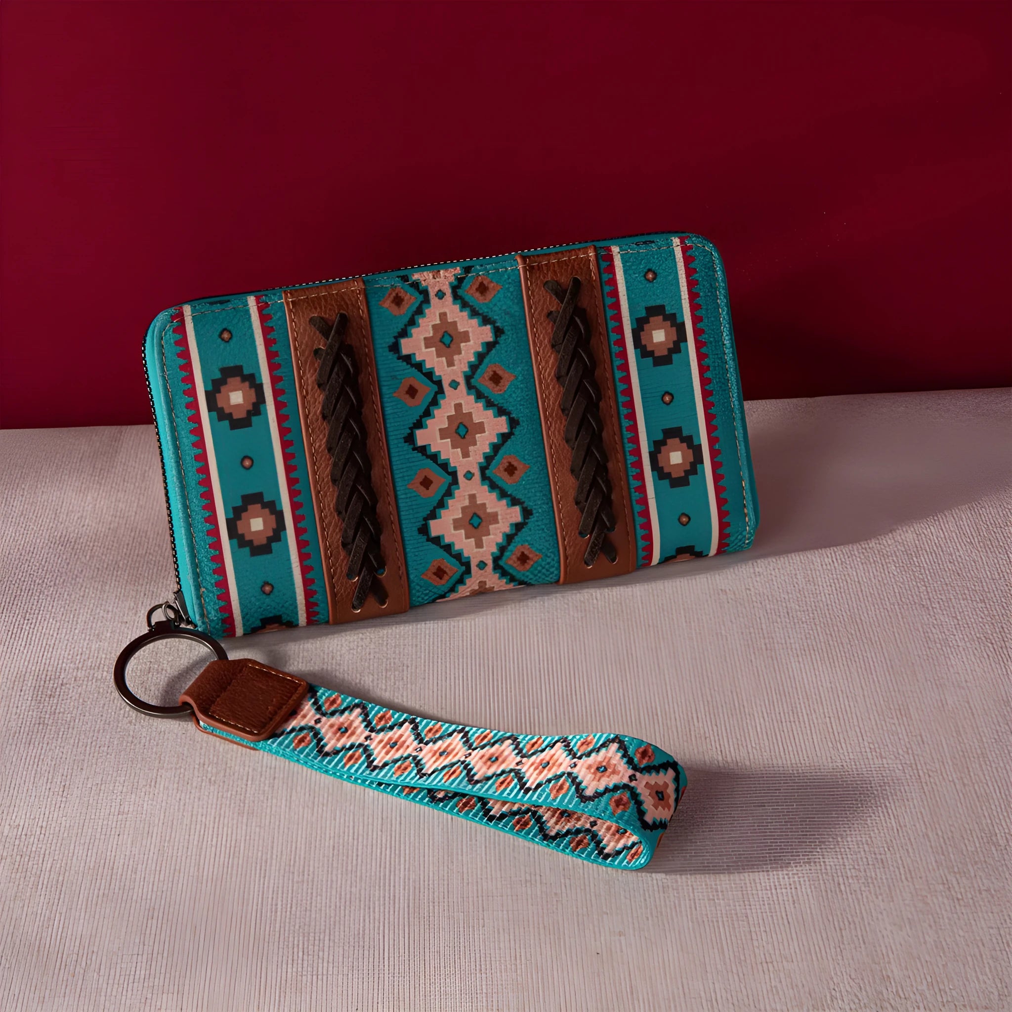 Vintage cotton and linen printed bohemian hand-carrying wallet card holder with contrast colour stitching