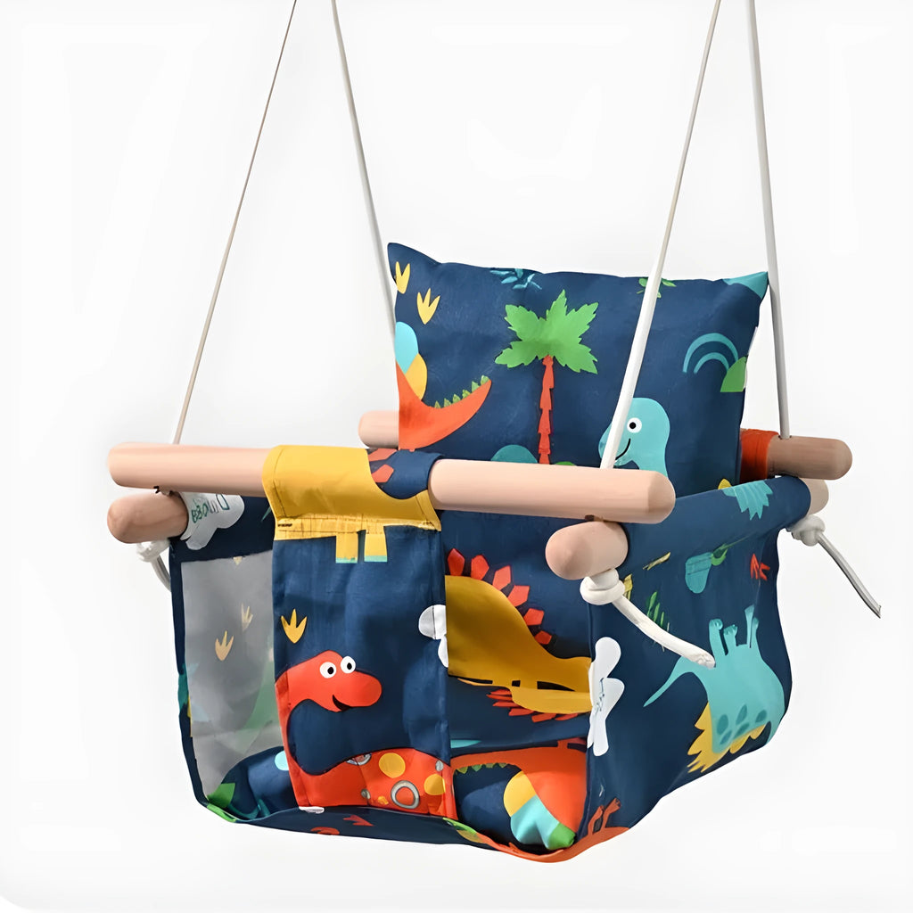Blue cotton and linen children's hanging chair and infant swing from Red House, suitable for indoor and outdoor use