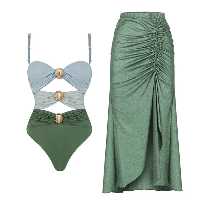 Women's high-waist split swimsuit set with skirt, top, and pants in green and yellow colours