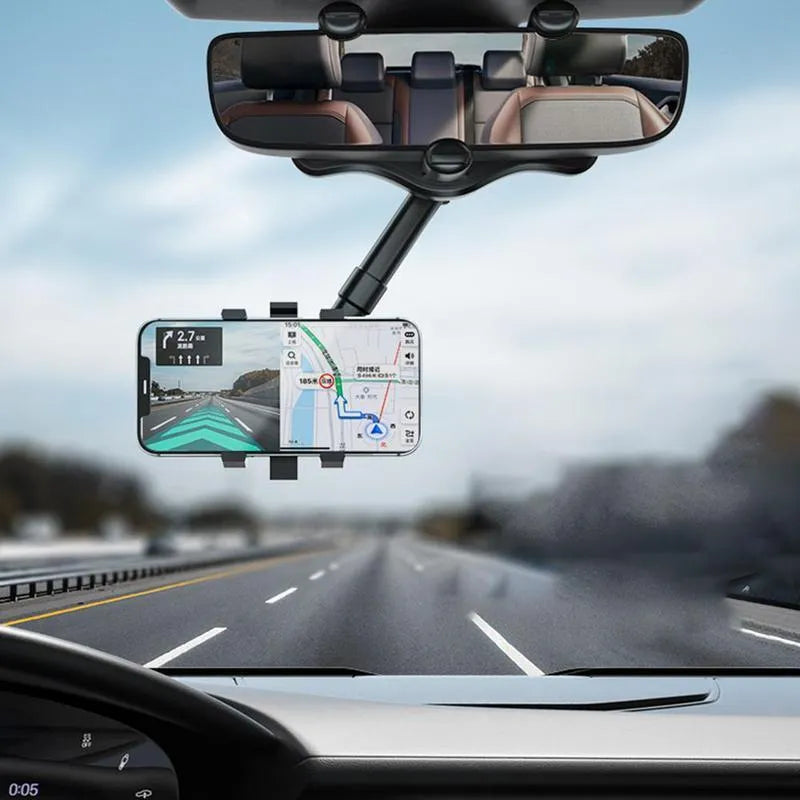Black rearview mirror phone holder showing 360-degree rotation and telescopic arm extension