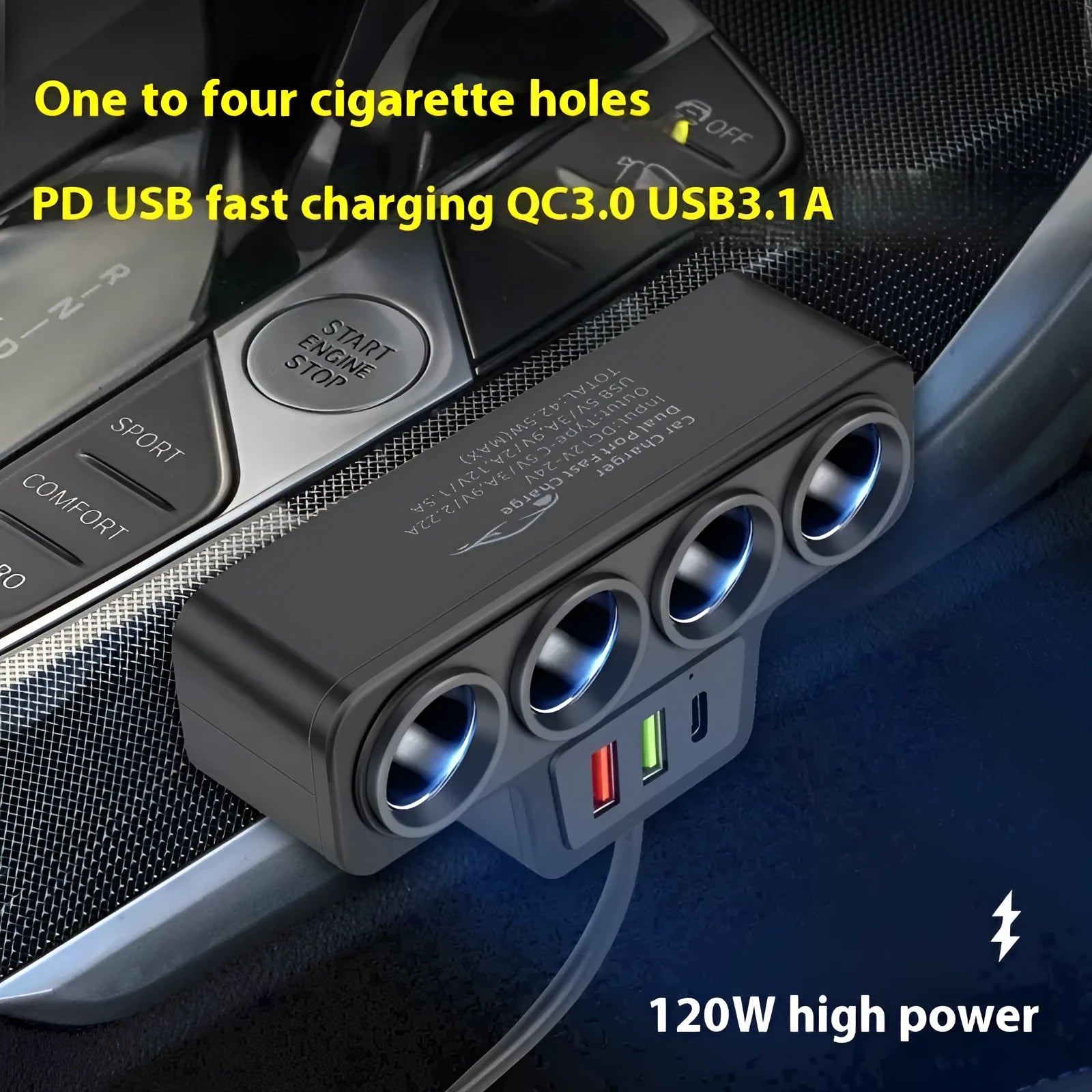 Car-mounted multi-function fast charging universal cigarette lighter with dual USB ports QC and PD support, 120W output