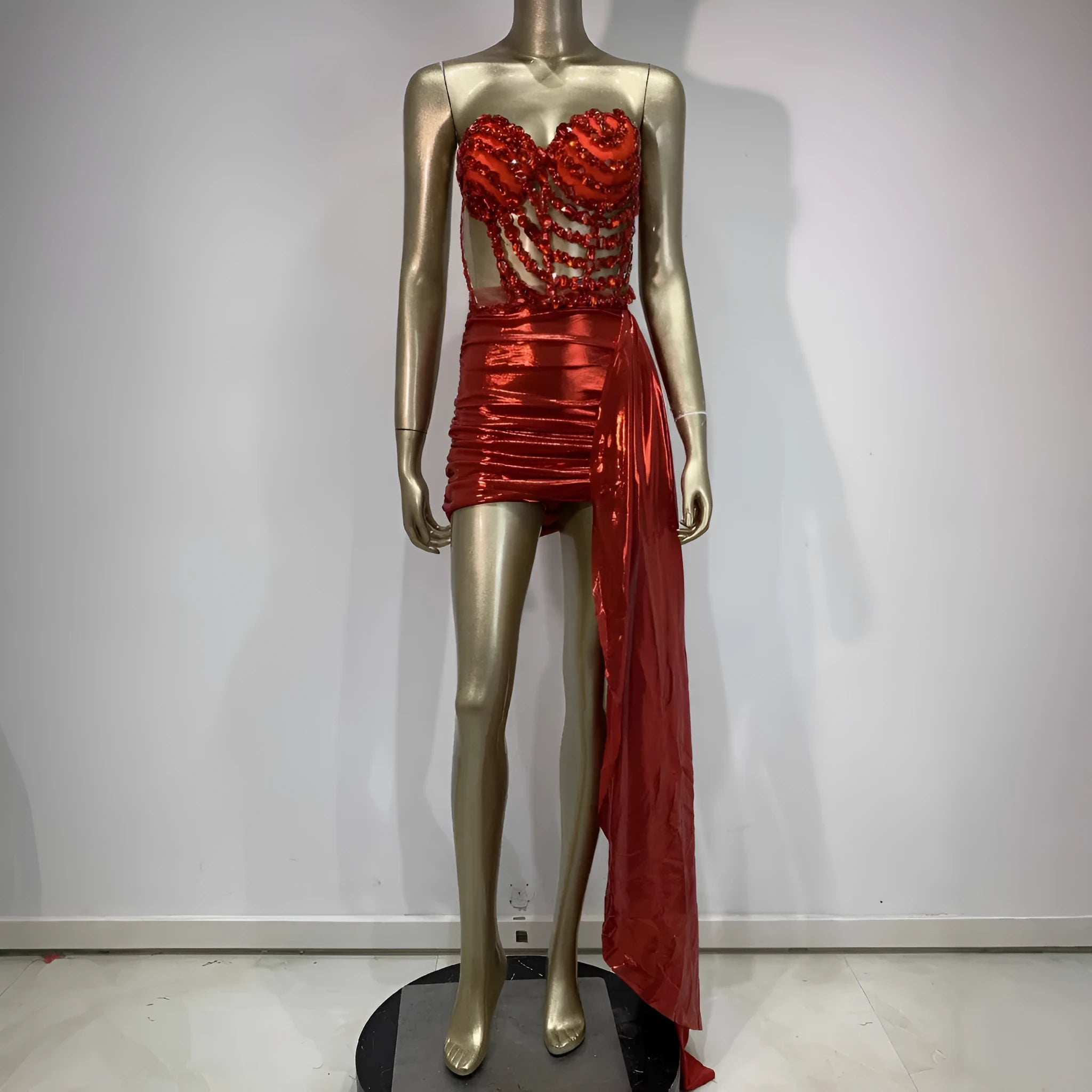Red spandex stage skirt suit with hollow mesh see-through panels for female performers