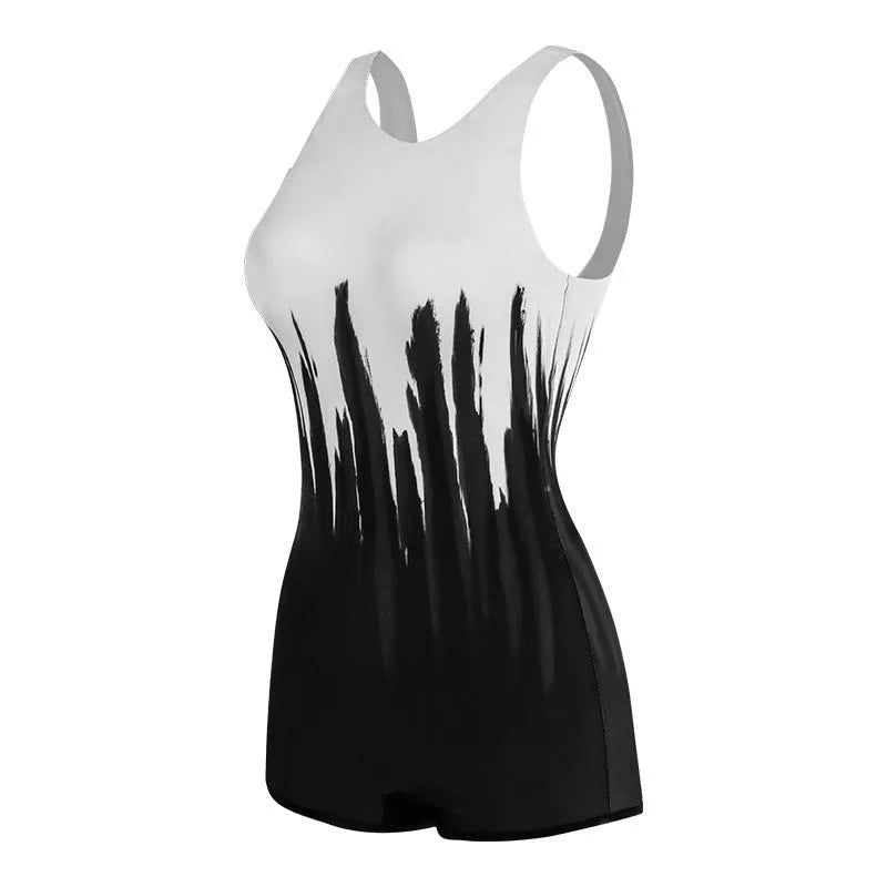 Black conservative sports one-piece swimsuit for ladies with printing pattern