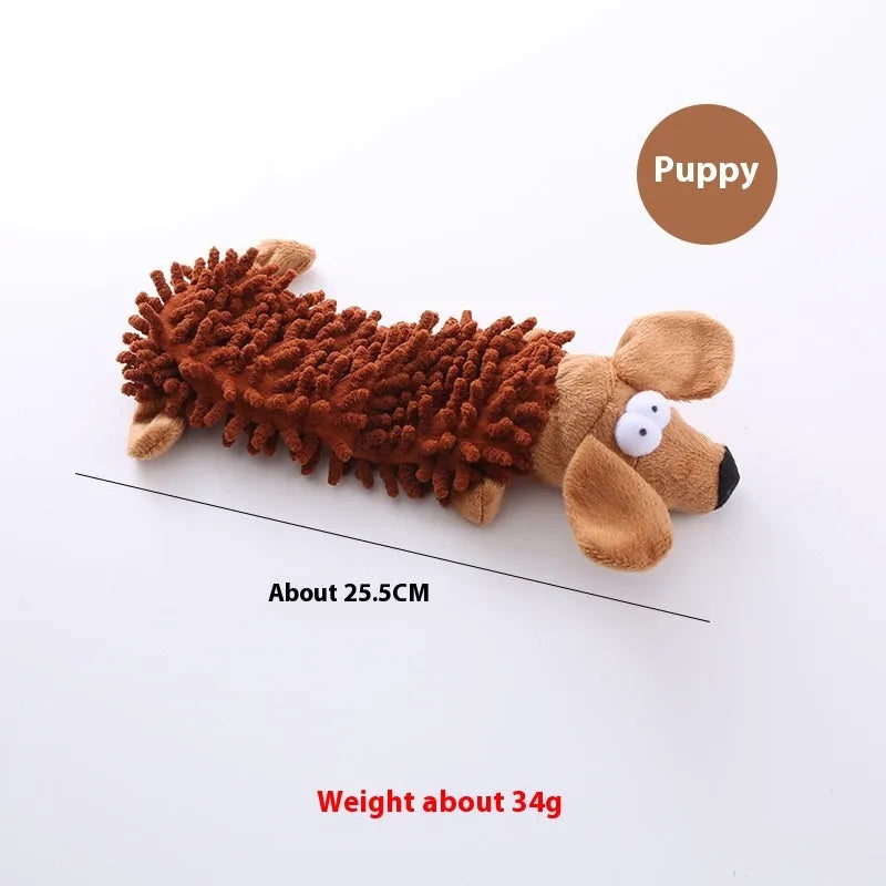 Brown dog design microfiber plush molar toy for horses shown beside pink pig version