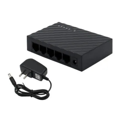 5-port Gigabit Ethernet home switch in black EU standard with LED indicators and network ports