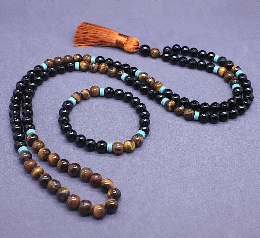 Black agate bracelet and Tiger Eye stone necklace jewellery set with geometric design