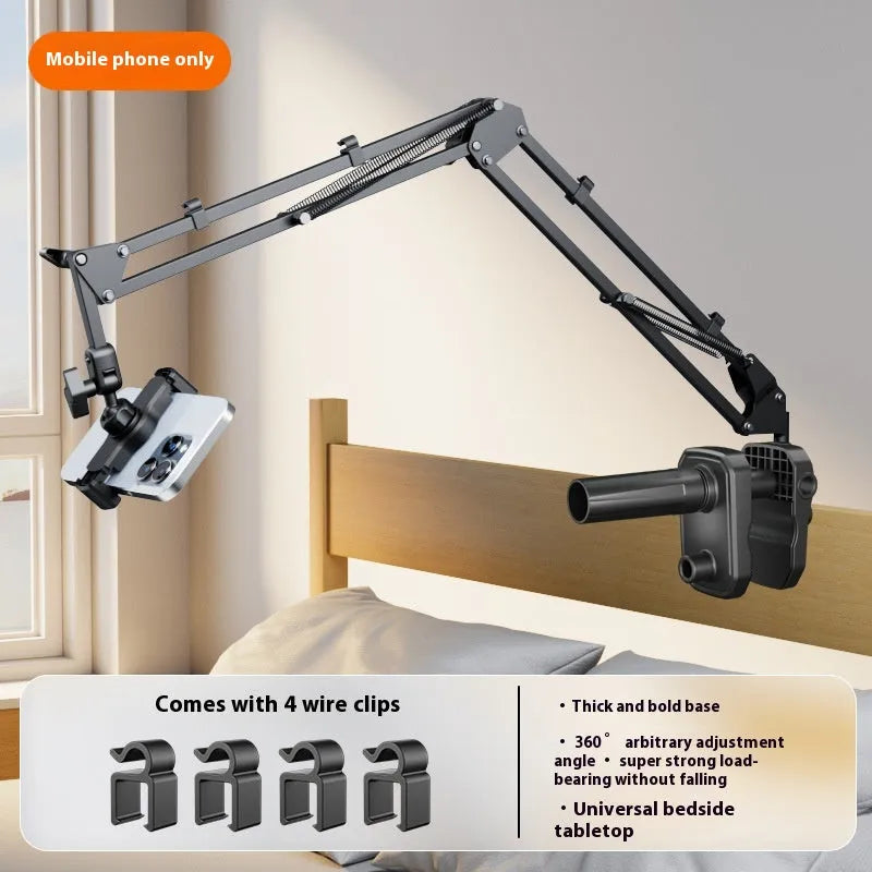 Metal cantilever bracket bedside table with four clips holding a mobile phone