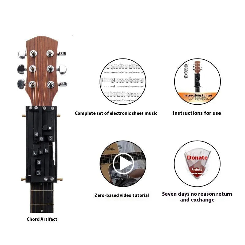 Black folk guitar chord practice device with automatic gear mechanism for beginner transitions